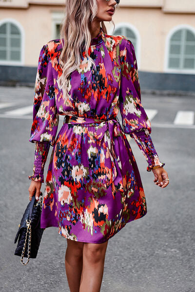 Printed Tie Waist Mock Neck Lantern Sleeve Dress - Charming Charlie