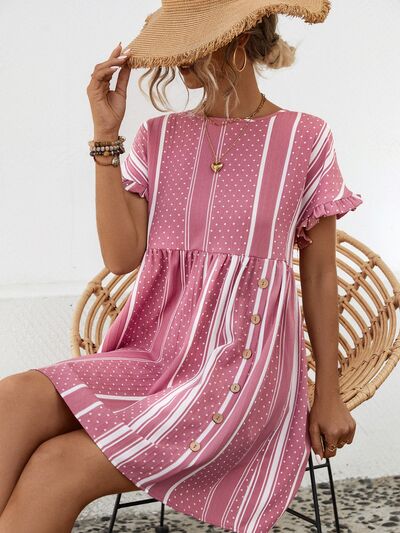 Striped Polka Dot Frill Short Sleeve Mini Dress - Charming Charlie