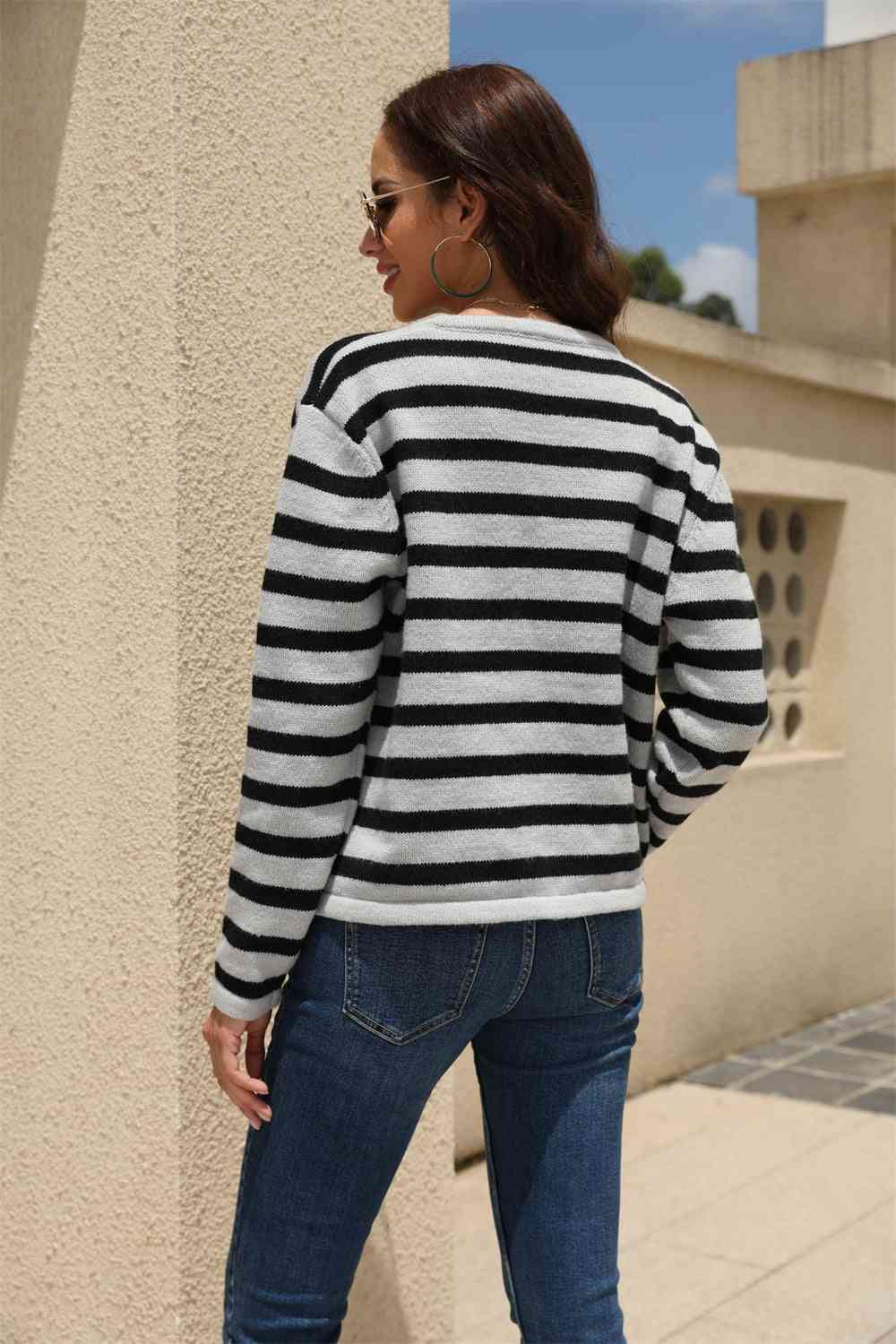 Striped Round Neck Button-Down Dropped Shoulder Cardigan - Charming Charlie