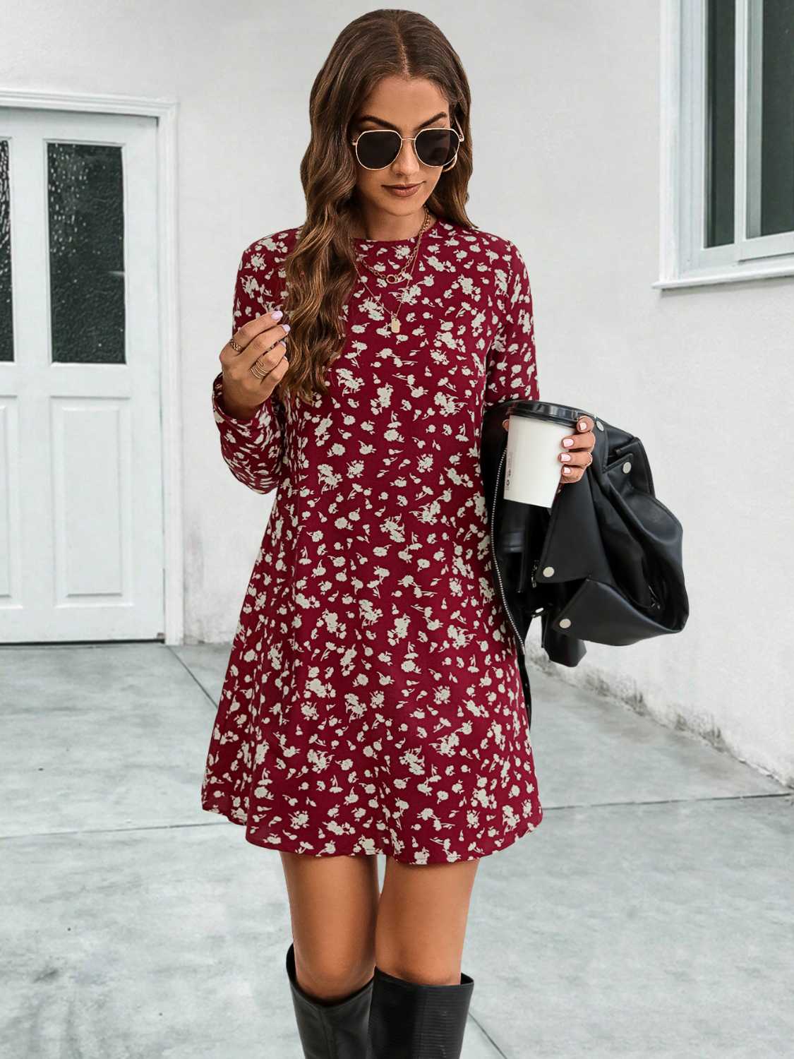 Round Neck Long Sleeve Mini Dress - Charming Charlie