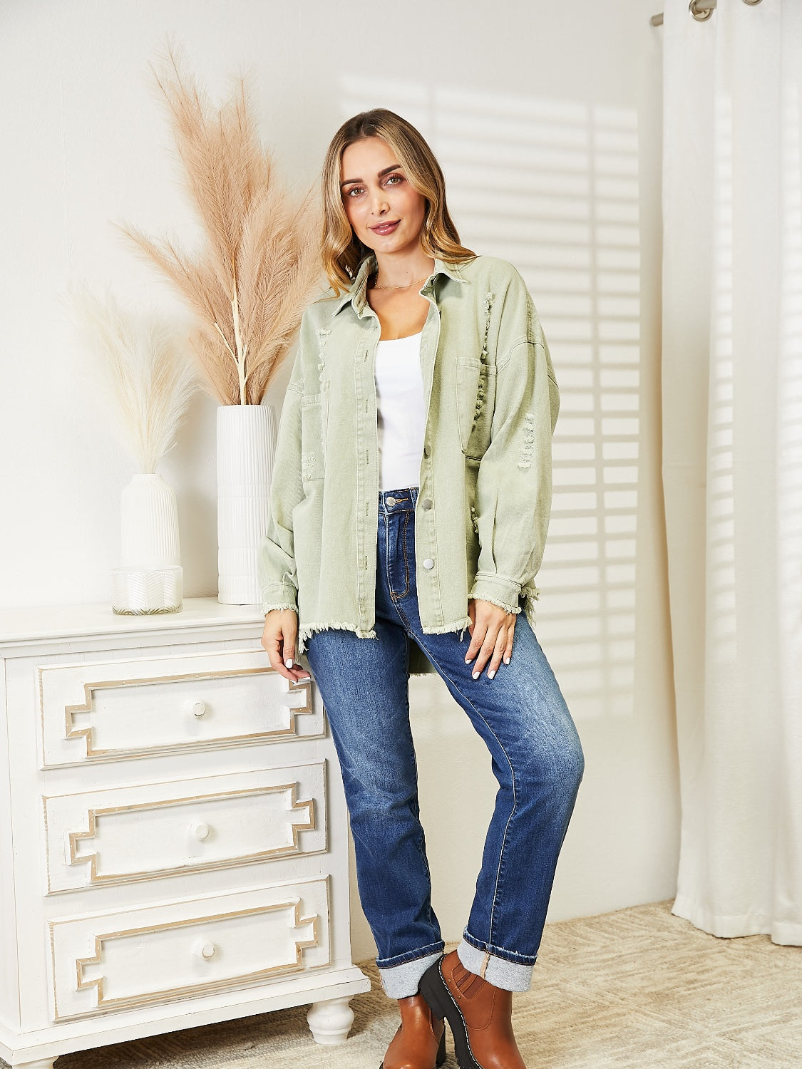 Distressed Raw Hem Denim Jacket - Charming Charlie