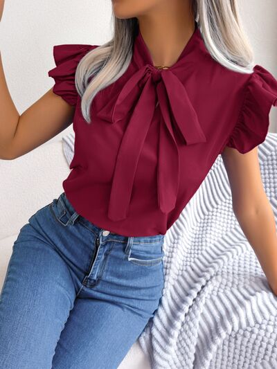 Tie Neck Cap Sleeve Blouse - Charming Charlie