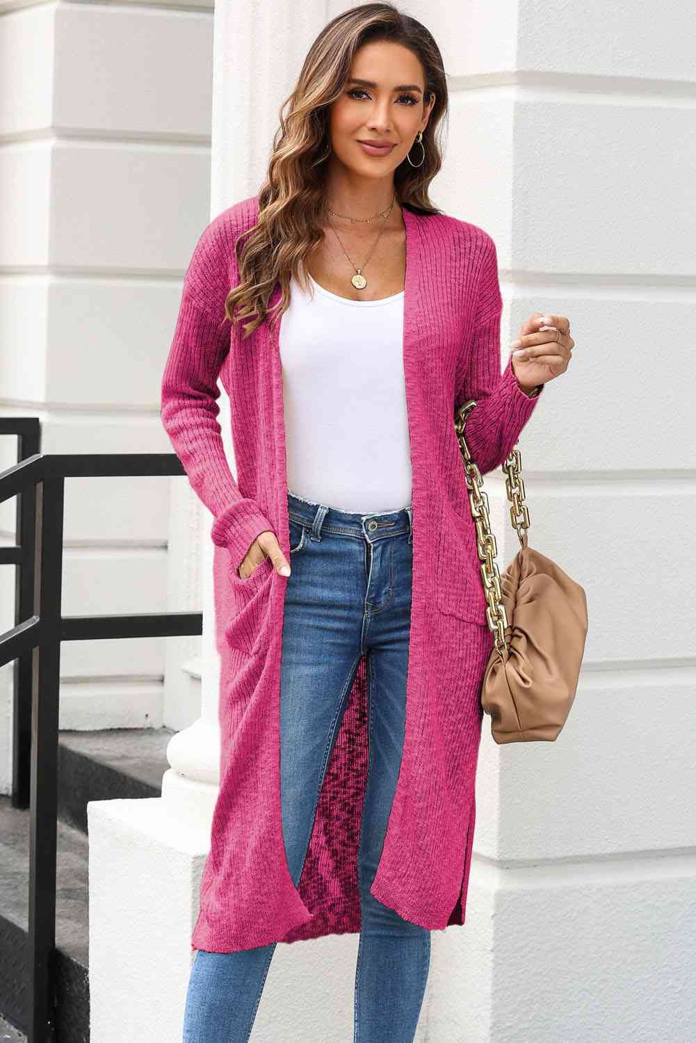 Open Front Slit Cardigan with Pockets - Charming Charlie