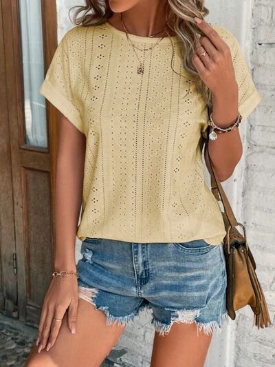 Eyelet Round Neck Short Sleeve T-Shirt - Charming Charlie