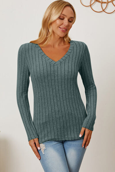 Basic Bae Full Size Ribbed V-Neck Long Sleeve T-Shirt - Charming Charlie