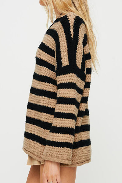Striped Round Neck Dropped Shoulder Sweater - Charming Charlie