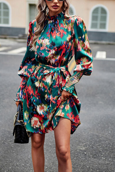 Printed Tie Waist Mock Neck Lantern Sleeve Dress - Charming Charlie