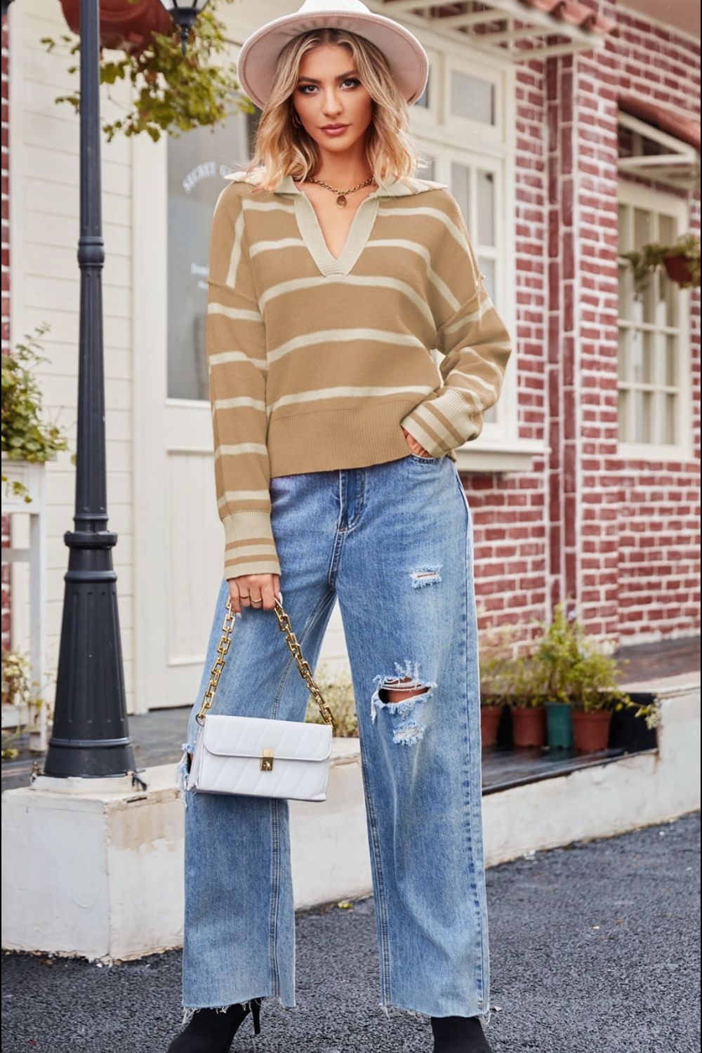 Striped Dropped Shoulder Notched Neck Knit Top - Charming Charlie