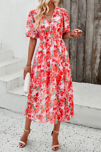 Smocked Printed V-Neck Short Sleeve Dress - Charming Charlie