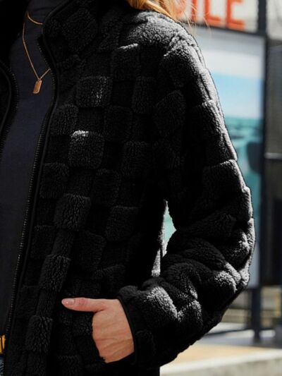 Fuzzy Checkered Zip Up Jacket - Charming Charlie