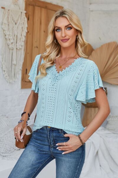 Eyelet Applique V-Neck Cap Sleeve T-Shirt - Charming Charlie