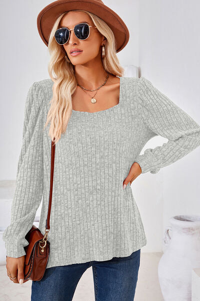 Ribbed Square Neck Long Sleeve T-Shirt - Charming Charlie