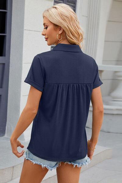Ruched Johnny Collar Short Sleeve Blouse - Charming Charlie