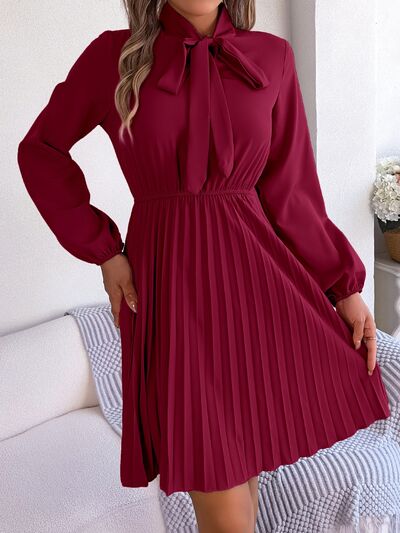 Tie Neck Balloon Sleeve Pleated Dress - Charming Charlie