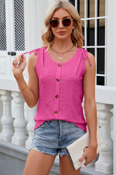 Eyelet Round Neck Wide Strap Tank - Charming Charlie
