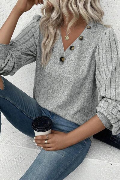 Decorative Button V-Neck Lantern Sleeve Blouse - Charming Charlie