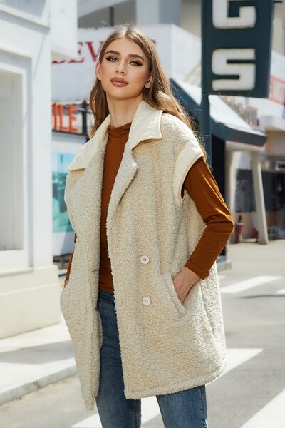 Fuzzy Collared Neck Button Up Vest Coat - Charming Charlie