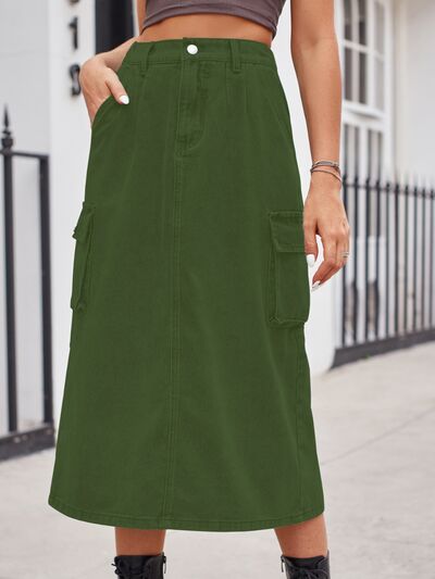 Slit Buttoned Denim Skirt with Pockets - Charming Charlie