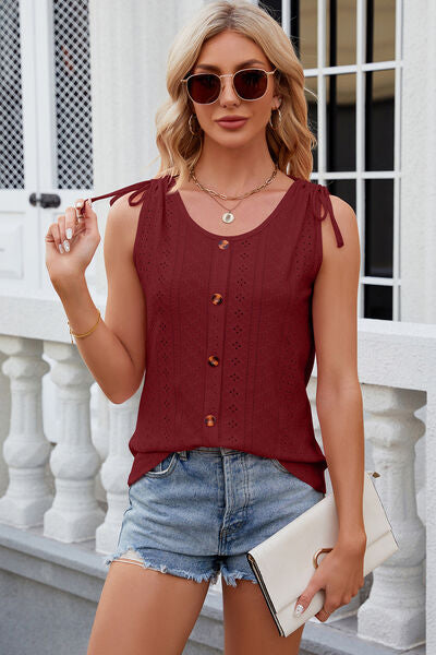 Eyelet Round Neck Wide Strap Tank - Charming Charlie