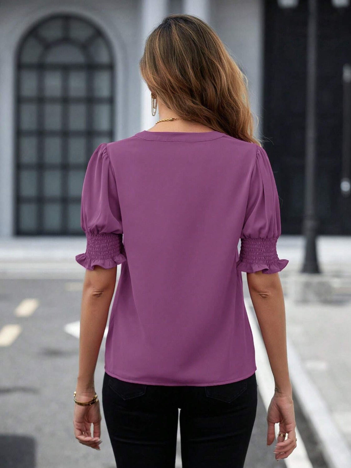 Notched Short Sleeve Blouse - Charming Charlie