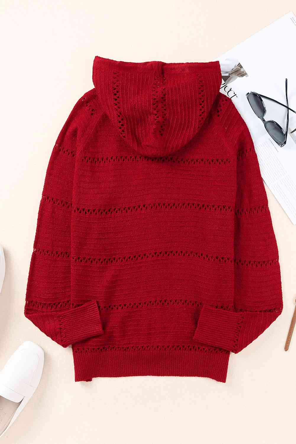 Zip-Up Raglan Sleeve Openwork Hooded Cardigan - Charming Charlie