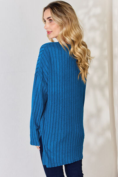 Basic Bae Full Size Ribbed Half Button Long Sleeve High-Low T-Shirt - Charming Charlie