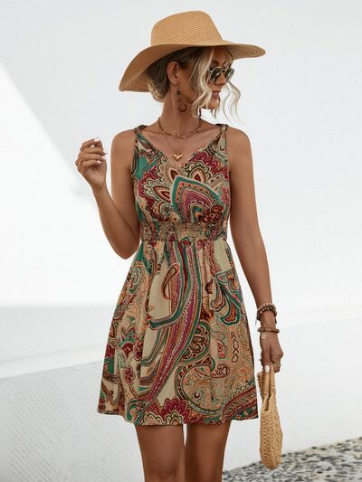 Smocked Printed V-Neck Mini Dress - Charming Charlie