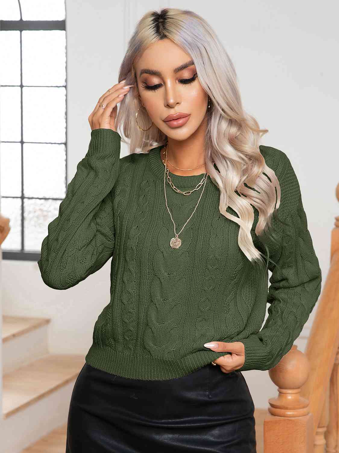 Cable-Knit Round Neck Long Sleeve Sweater - Charming Charlie