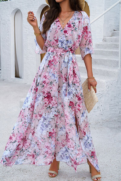 Printed Tied Half Sleeve Slit Dress - Charming Charlie
