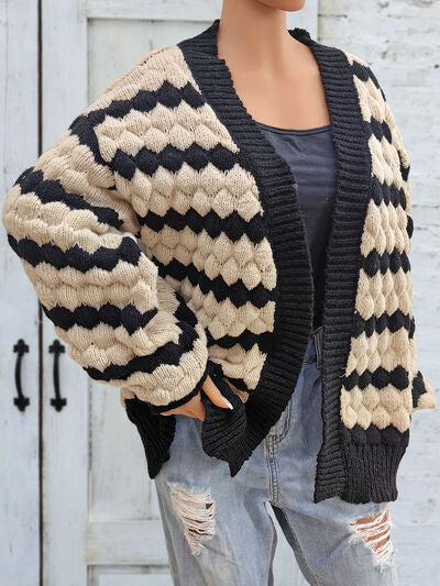 Striped Contrast Open Front Long Sleeve Cardigan - Charming Charlie