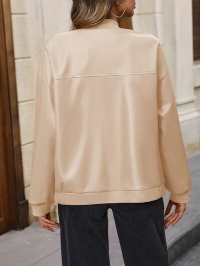 Zip Up Baseball Collar Dropped Shoulder Jacket - Charming Charlie