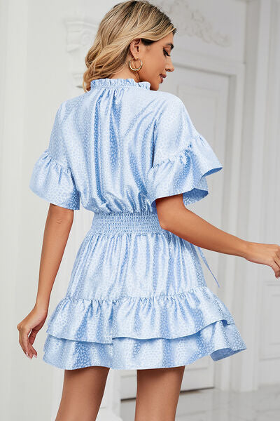 Smocked Tie Neck Flounce Sleeve Dress - Charming Charlie