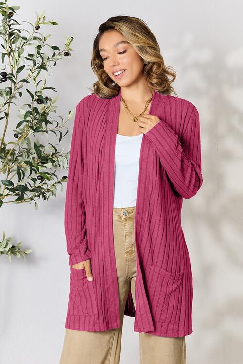Basic Bae Full Size Ribbed Open Front Cardigan with Pockets - Charming Charlie