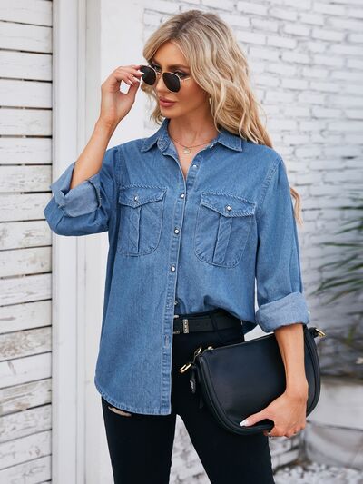 Button Up Collared Neck Denim Jacket - Charming Charlie