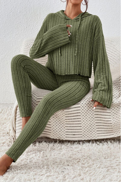 Lettuce Hem Dropped Shoulder Hooded Top and Pants Set - Charming Charlie
