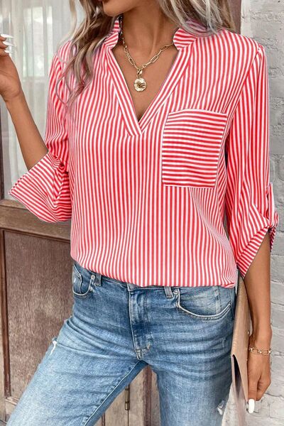 Striped Notched Roll-Tab Sleeve Shirt - Charming Charlie
