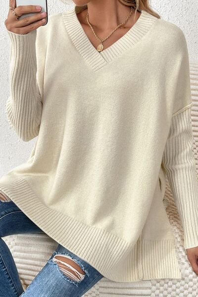 Slit V-Neck Dropped Shoulder Sweater - Charming Charlie