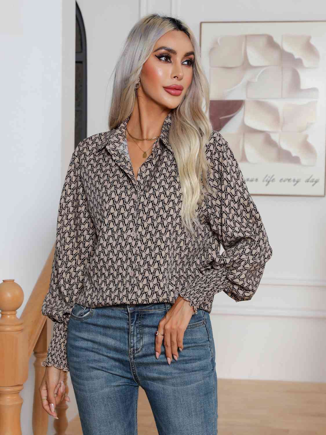 Printed Collared Neck Buttoned Dropped Shouder Shirt - Charming Charlie