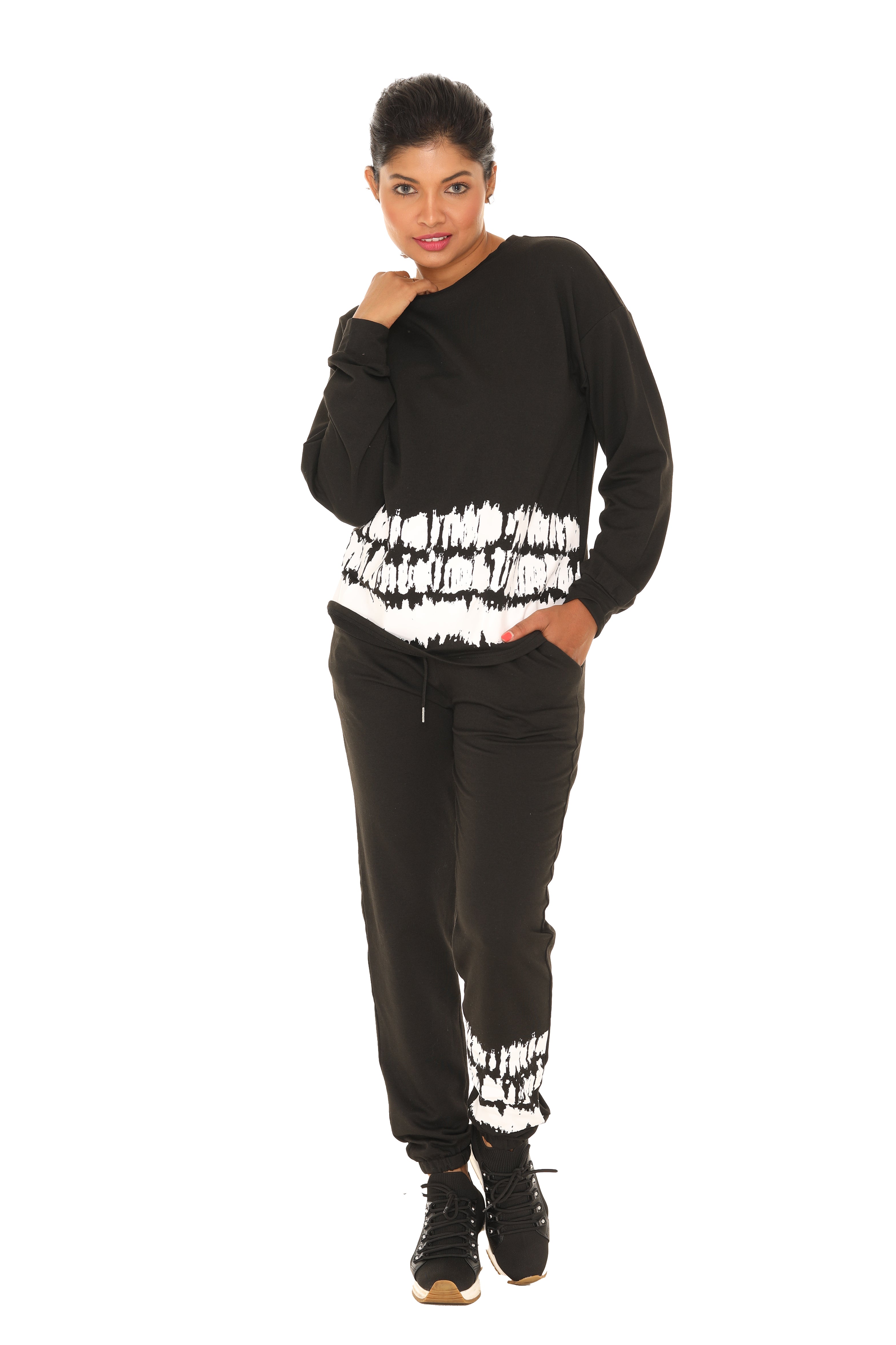 Crew Neck Shirt and Pants with Tie Dye Patterned Edge (Top and Bottom Set) - Charming Charlie
