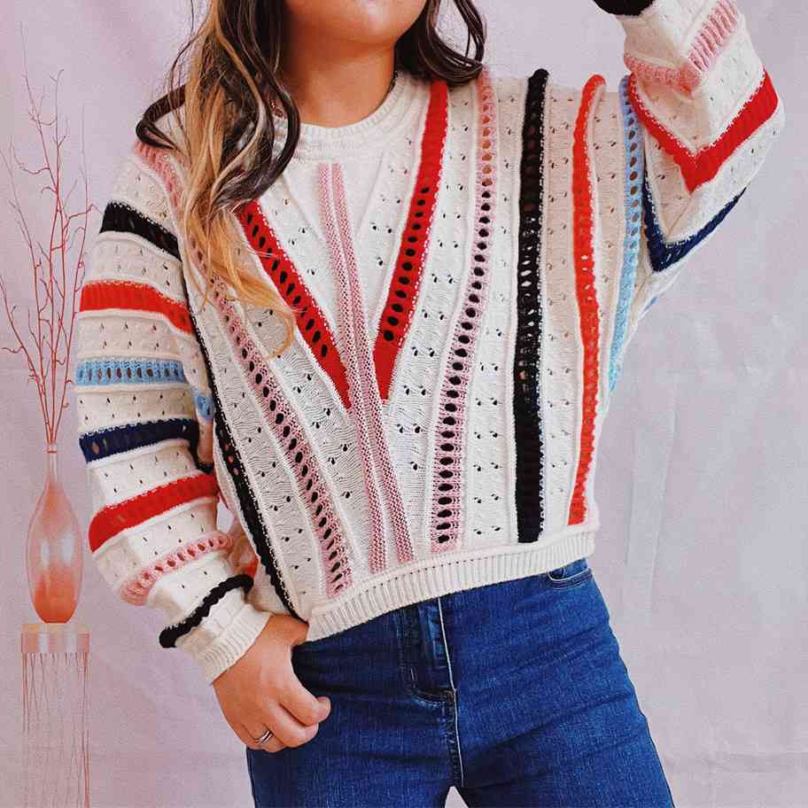 Striped Openwork Round Neck Sweater - Charming Charlie
