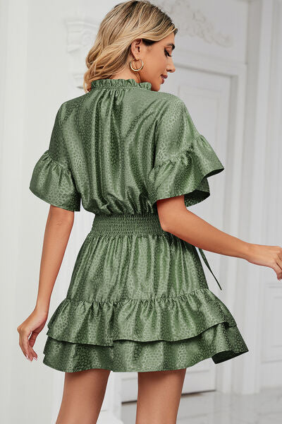 Smocked Tie Neck Flounce Sleeve Dress - Charming Charlie