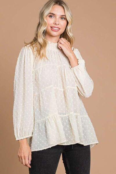 Culture Code Full Size Swiss Dot Smocked Mock Neck Blouse - Charming Charlie