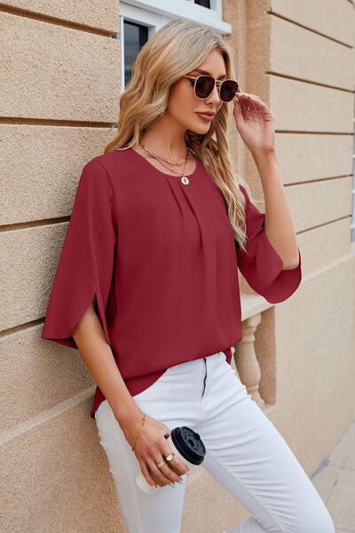 Round Neck Slit Half Sleeve Top - Charming Charlie