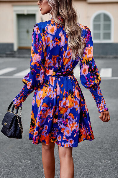 Printed Tie Waist Mock Neck Lantern Sleeve Dress - Charming Charlie