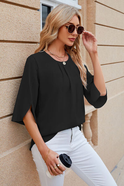 Round Neck Slit Half Sleeve Top - Charming Charlie
