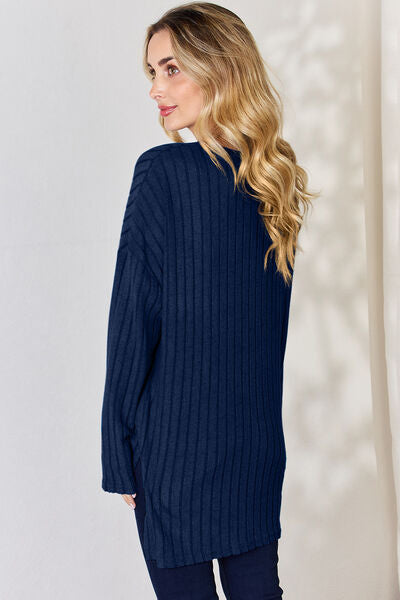 Basic Bae Full Size Ribbed Half Button Long Sleeve High-Low T-Shirt - Charming Charlie