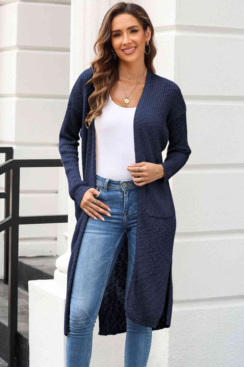 Open Front Slit Cardigan with Pockets - Charming Charlie