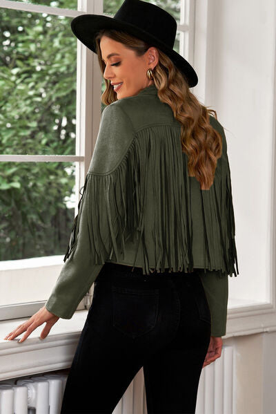 Fringe Trim Lapel Collar Cropped Blazer - Charming Charlie