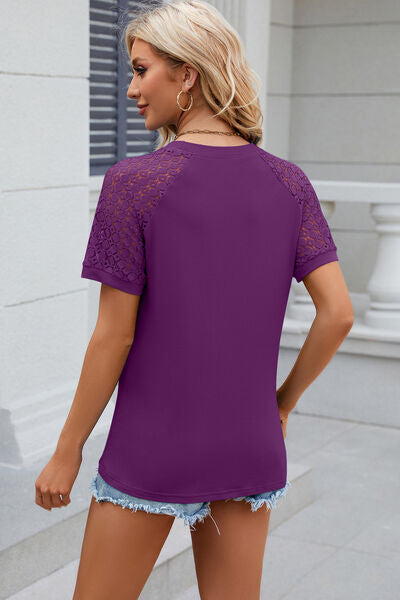 Openwork Round Neck Short Sleeve T-Shirt - Charming Charlie