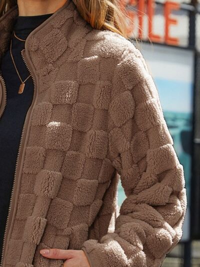 Fuzzy Checkered Zip Up Jacket - Charming Charlie